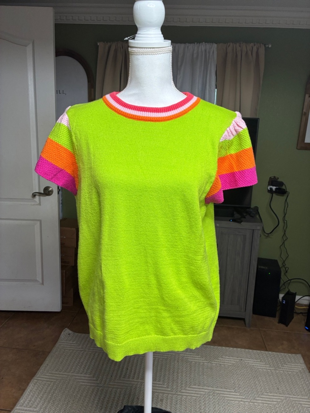 SHEIN Neon Lime Short Sleeve Sweater Top with Pink and Orange Stripes
